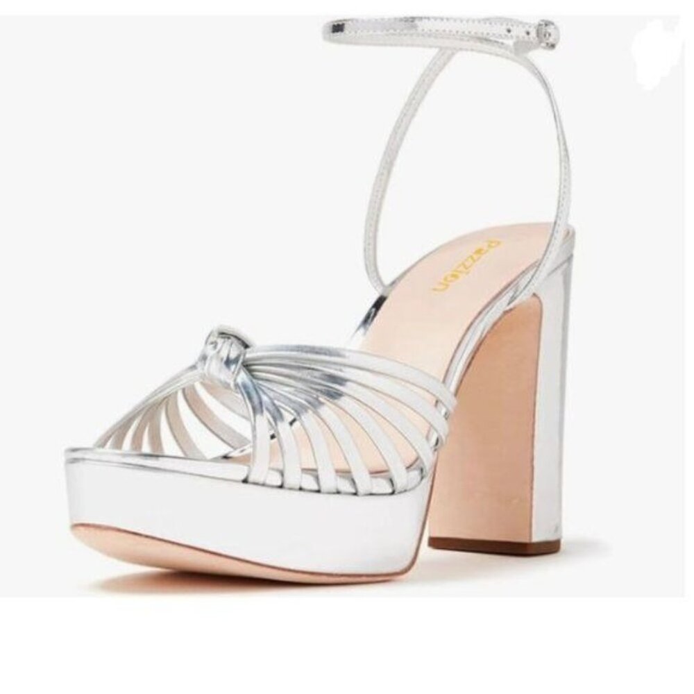 Pazzion Silver Platform Open Toe Ankle Strap Buckled Knots Chunky Heels Sandals